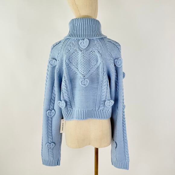 NWT FOR LOVE & LEMONS Rebecca Heart Sweater Size S & M in Blue Knit Turtle Neck - Picture 7 of 11